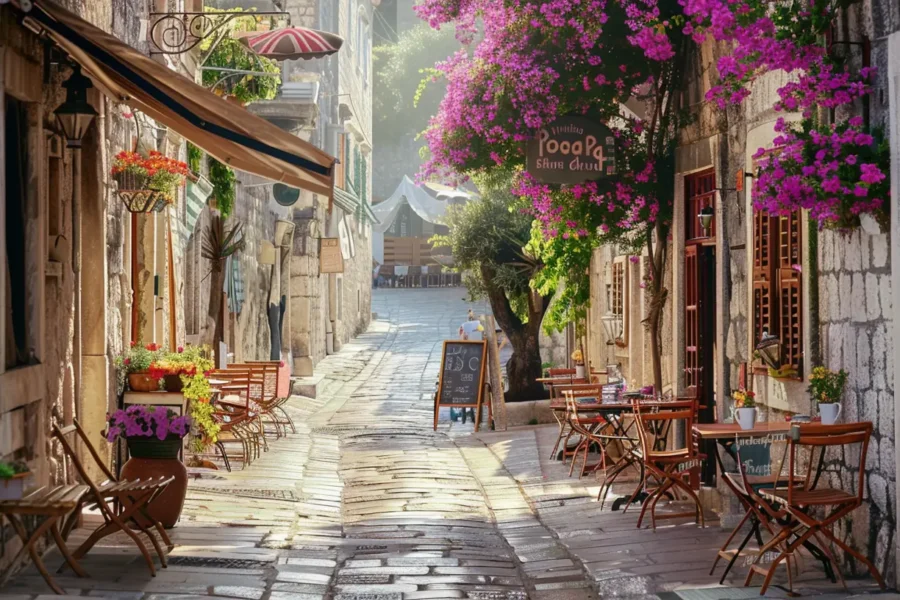 Charming_Dubrovnik_stone_street_with_cafes_and_flowers_Europe