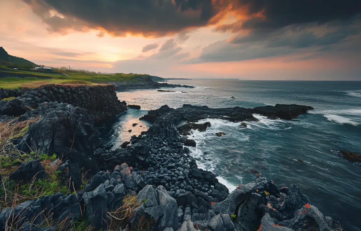 Jeju_Island_coastline_volcanic_rocks_ocean_sunrise