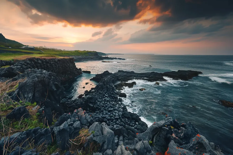 Jeju_Island_coastline_volcanic_rocks_ocean_sunrise